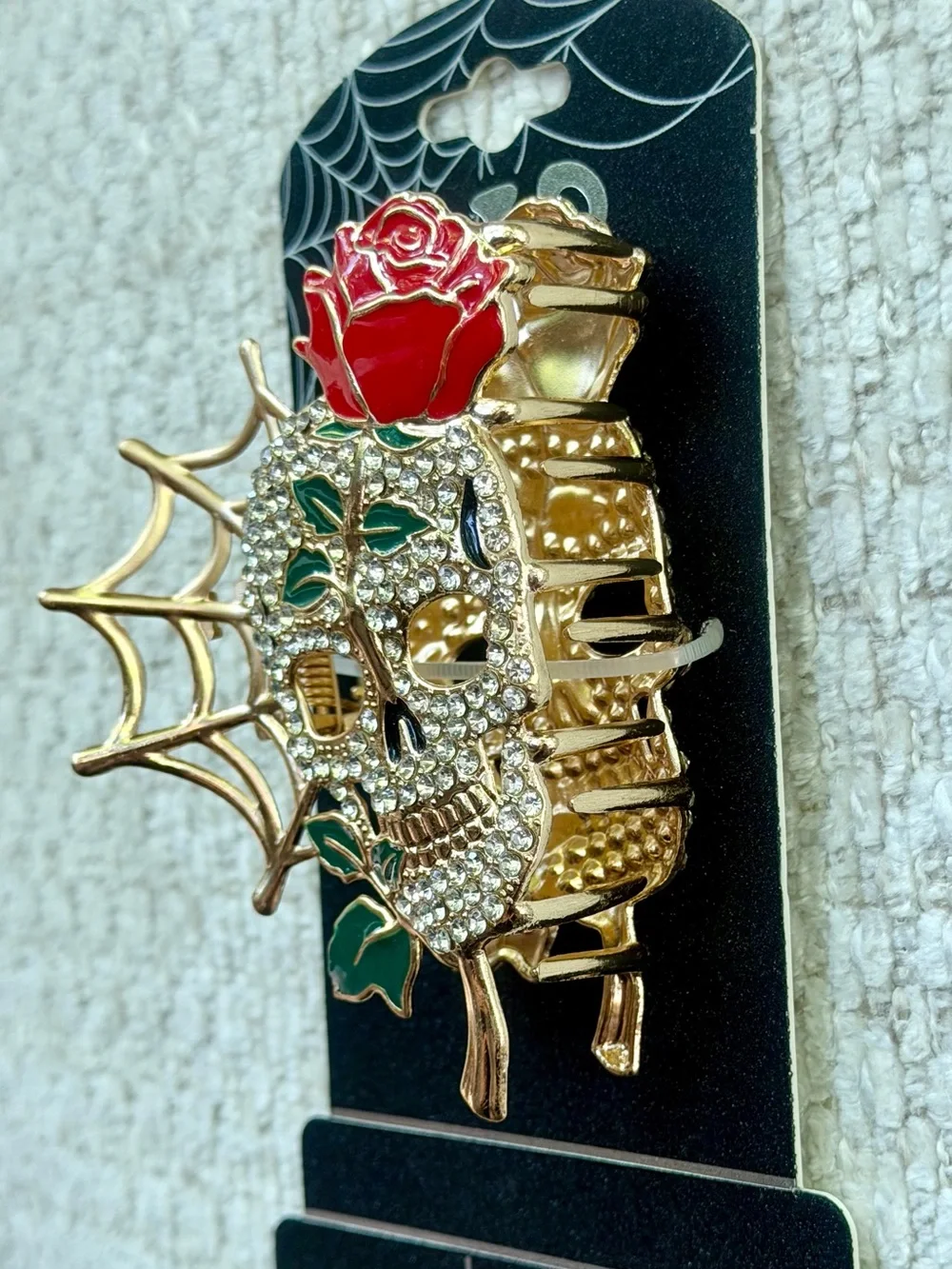 Nicole Miller Skull Rose Hair Clip Metal Claw Rhinestone Enamel Halloween New